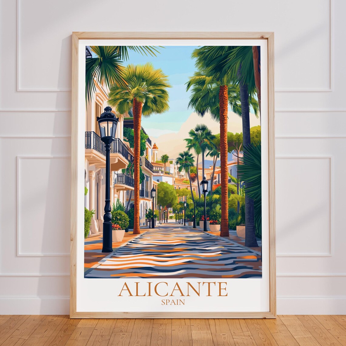 Alicante Spain Palm Promenade Sunset Street Vintage Travel Poster