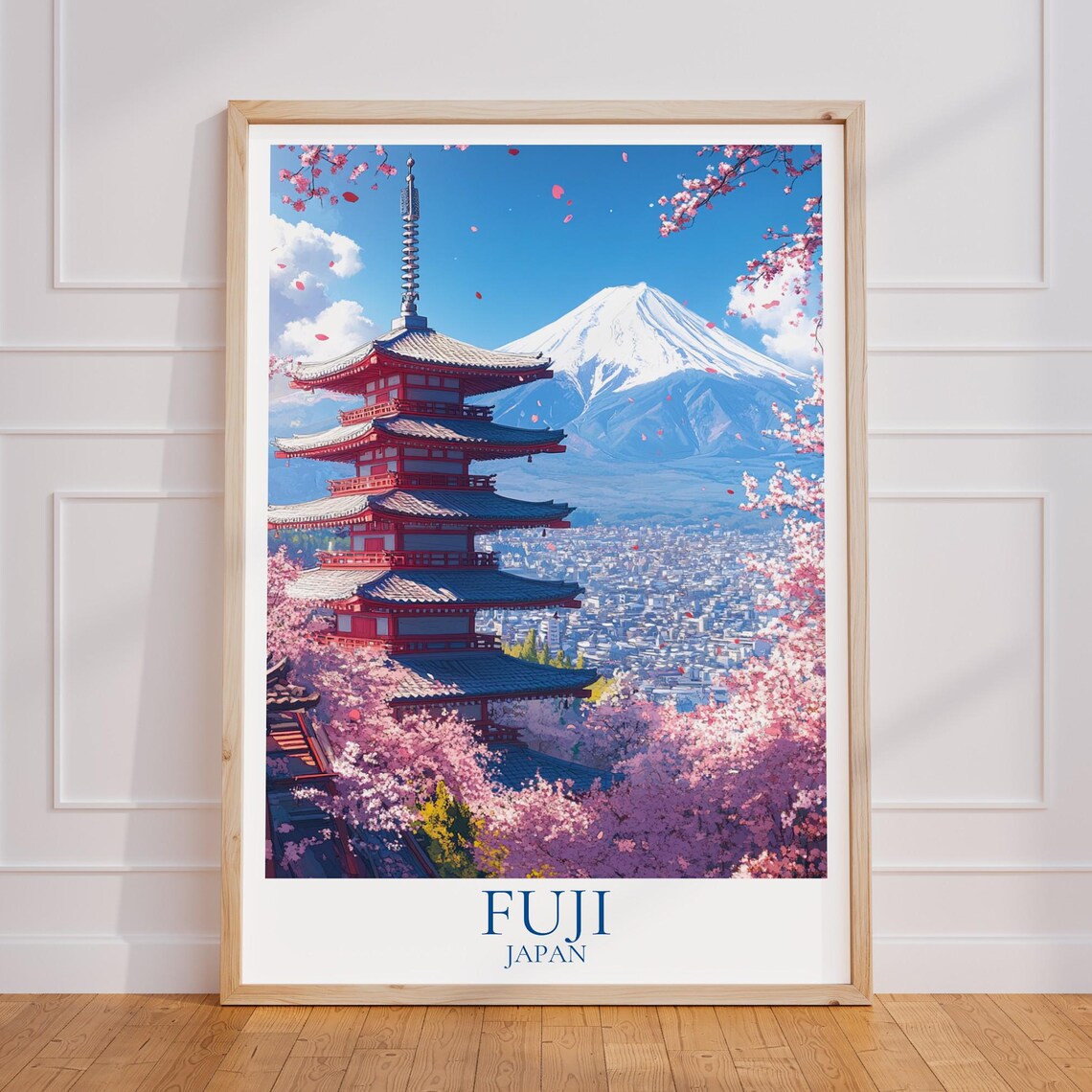 Mount Fuji Japan Chureito Pagoda Poster Cherry Blossom Vintage Travel