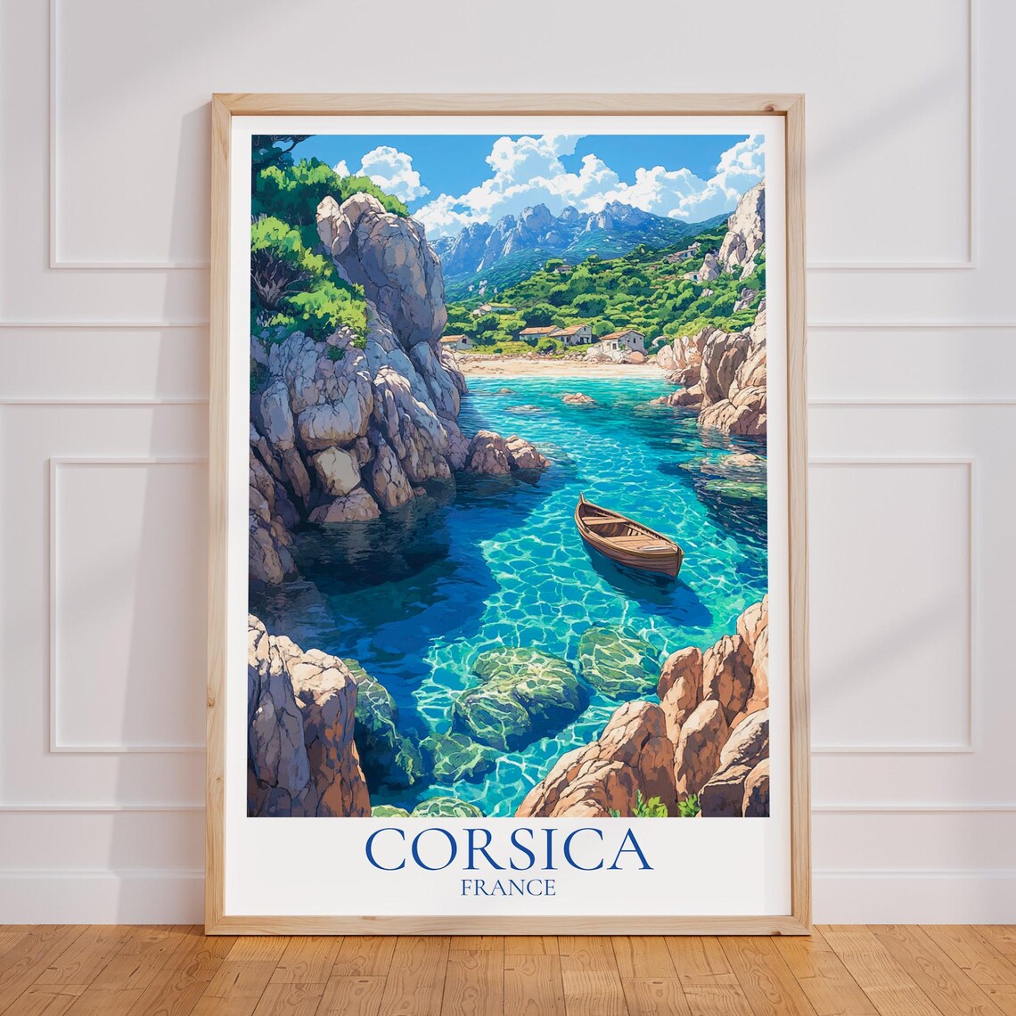 Corsica France Rocky Cove Turquoise Water Boat Coastal Poster