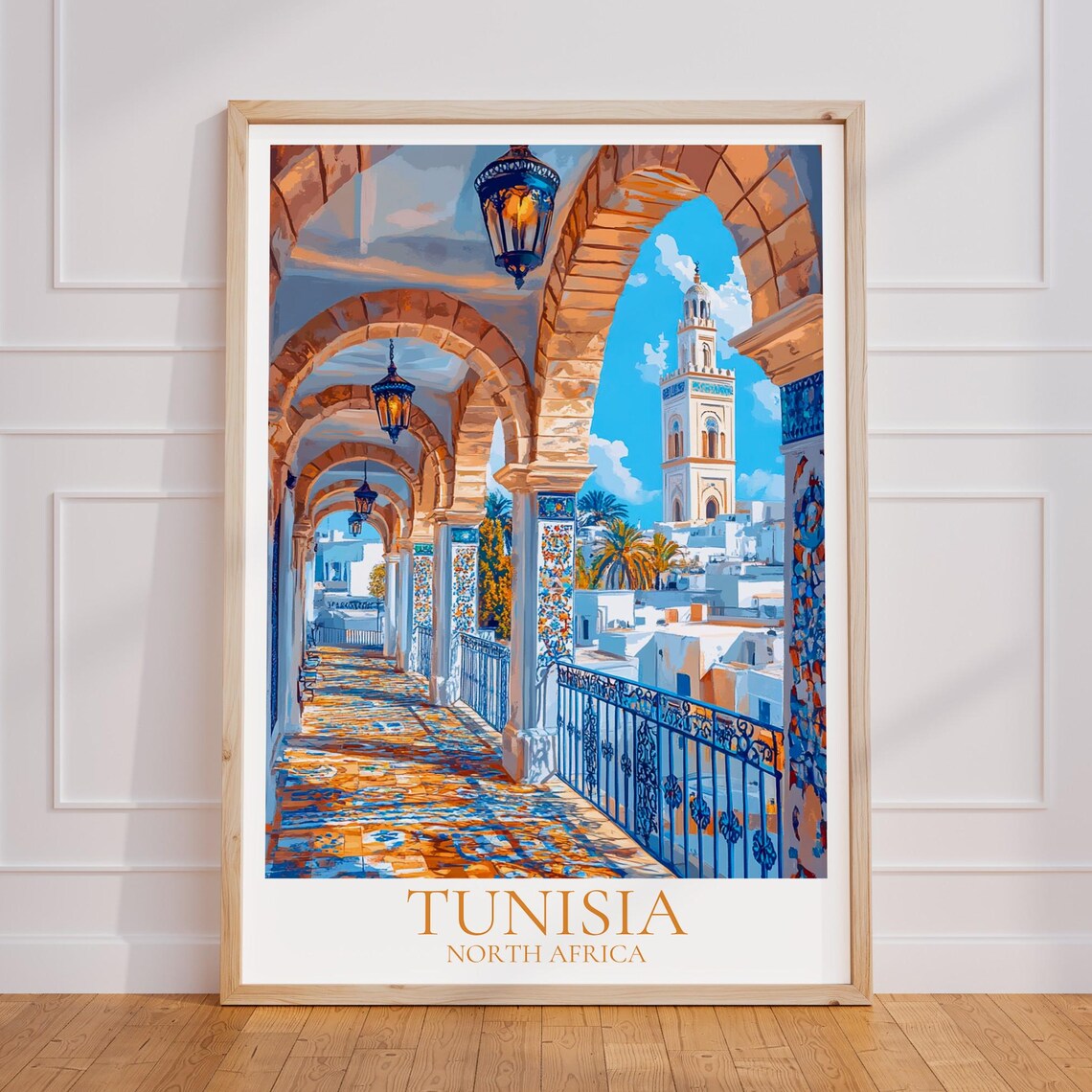 Tunisia North Africa Tiled Arcade Minaret Vintage Travel Poster