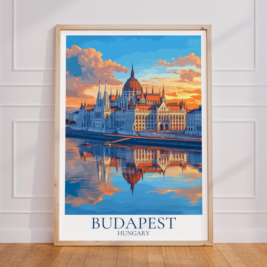 Budapest Hungary Parliament Sunset Golden Danube Reflection Poster