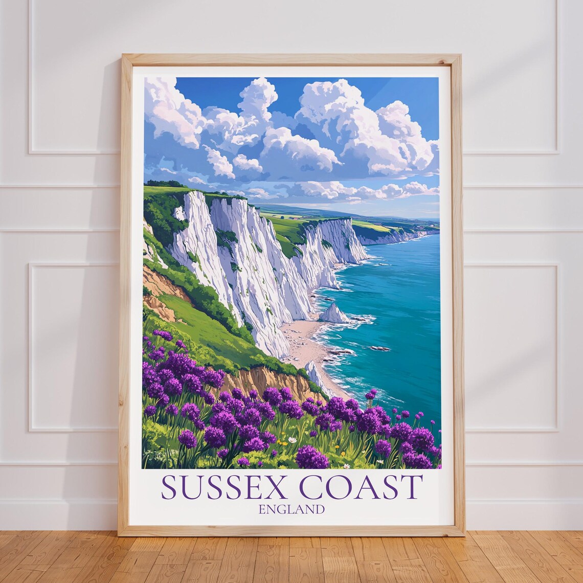 Sussex Coast White Cliffs Lavender Meadow England Travel Poster