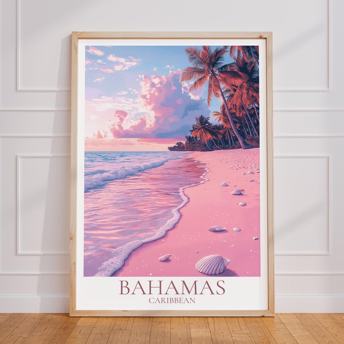 Bahamas Caribbean Pink Sand Beach Sunset Tropical Travel Poster