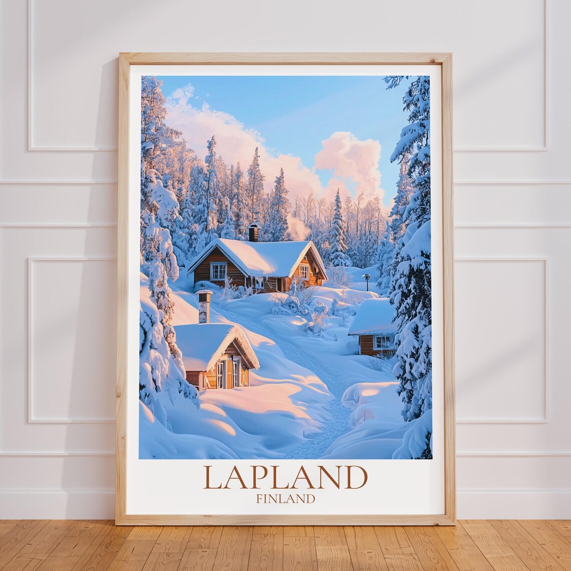 Lapland Finland Snowy Cabins Winter Forest Sunrise Travel Poster