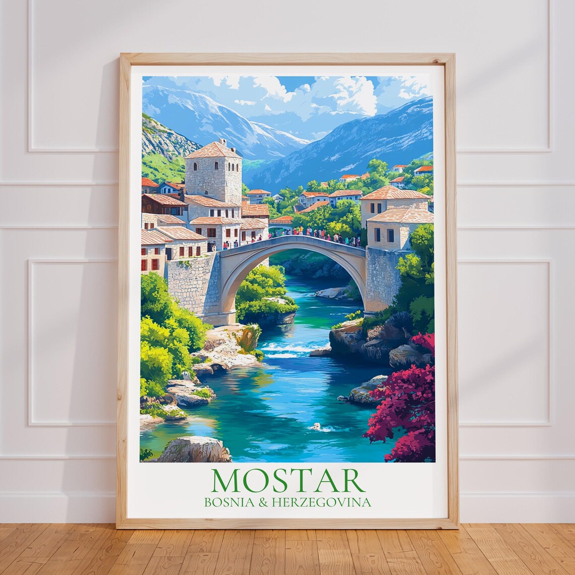 Mostar Bosnia and Herzegovina Stari Most Bridge Retro Travel Poster