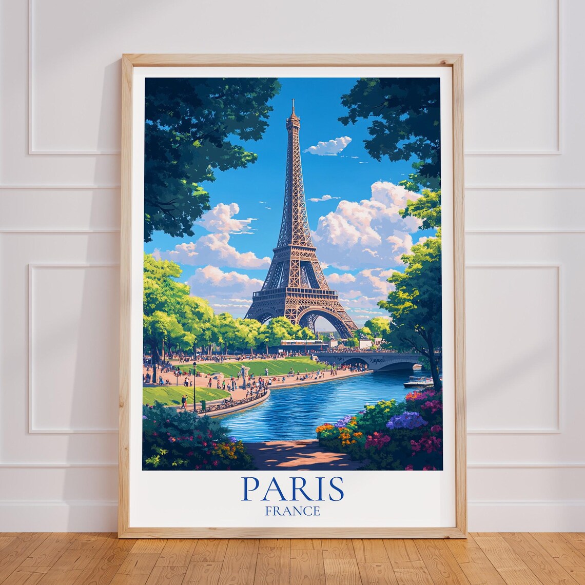 Paris France Eiffel Tower Seine River Summer Day Travel Poster
