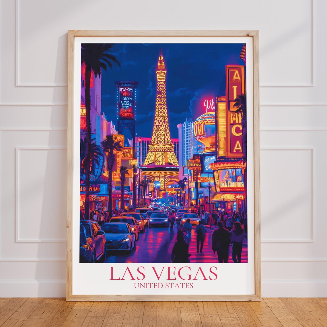 Las Vegas Neon Lights Strip Eiffel Tower Evening Travel Poster