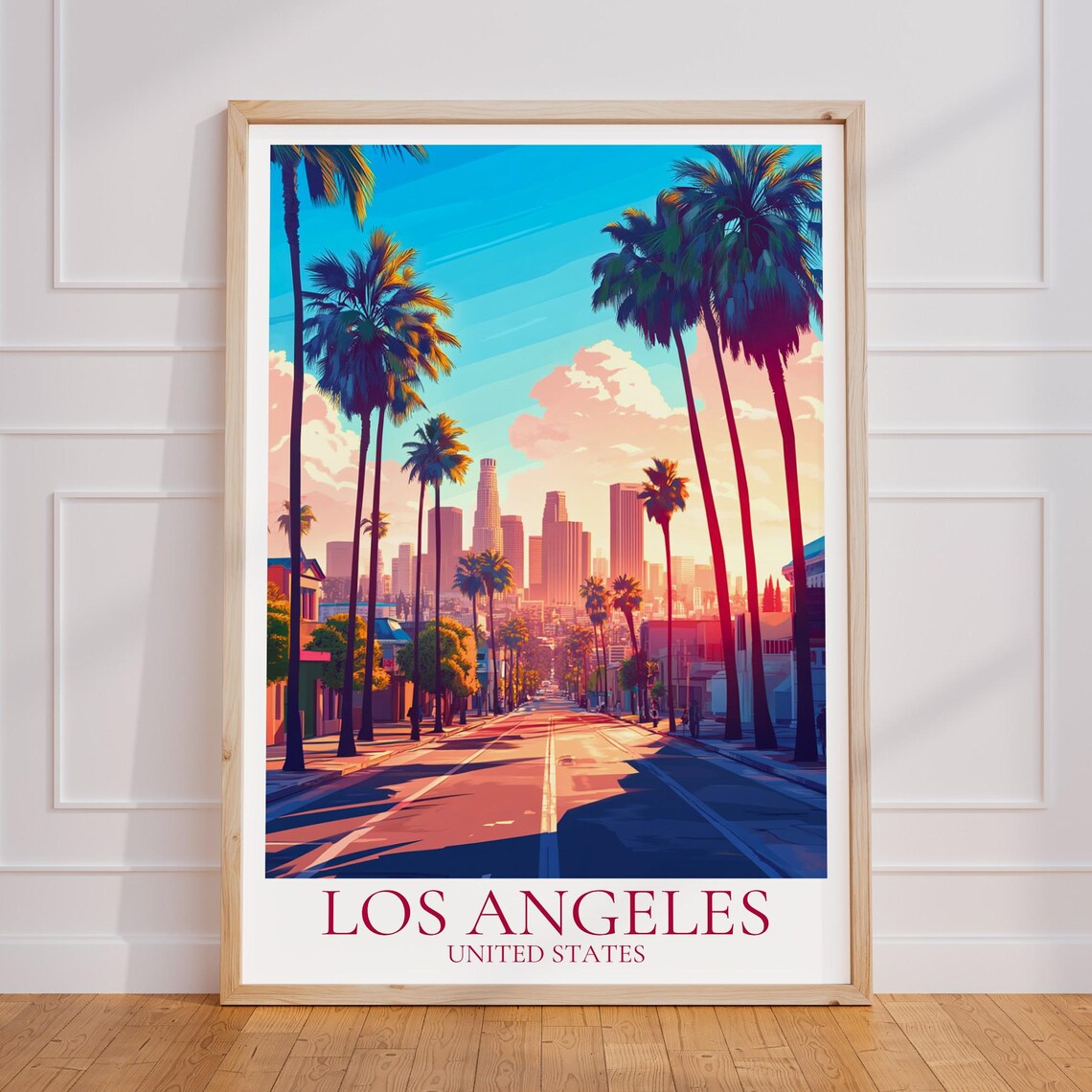Los Angeles Sunset Palm Lined Street Downtown Skyline Travel Poster