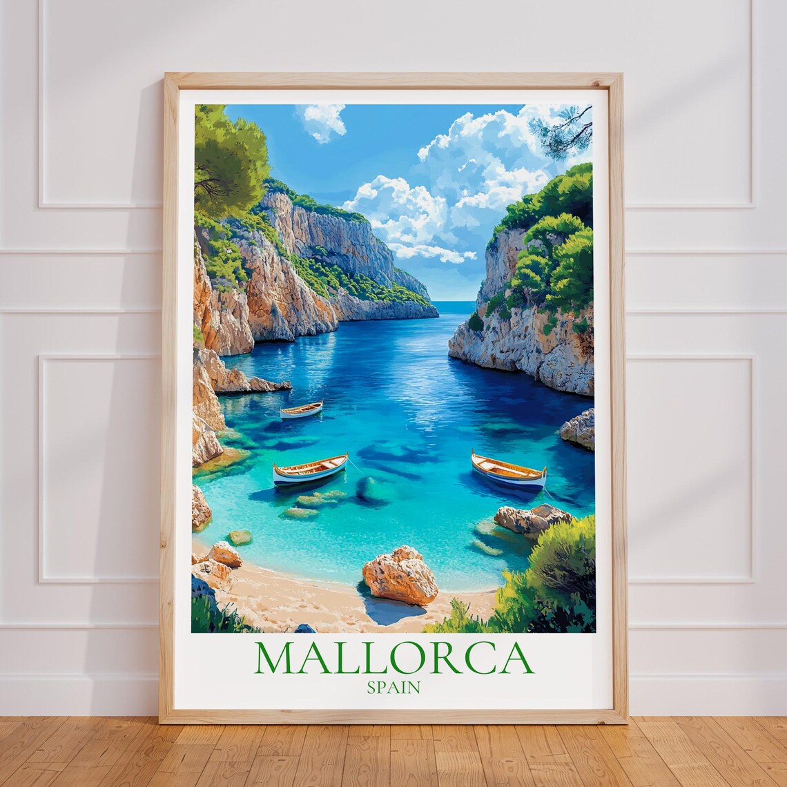 Mallorca Spain Turquoise Cove Boats Rocky Beach Travel Poster