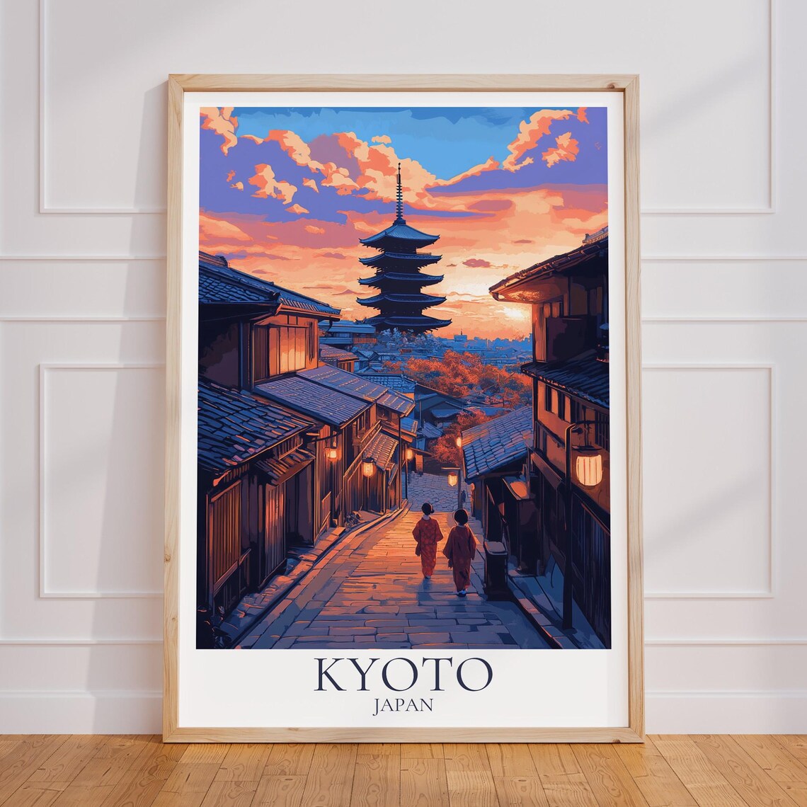 Kyoto Japan Pagoda Sunset Street Scene Vintage Travel Poster