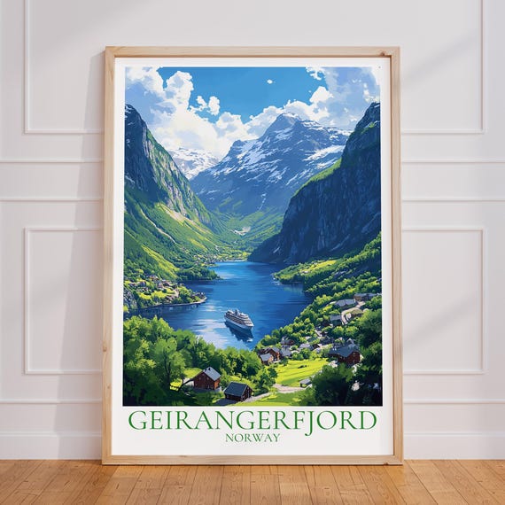 Geirangerfjord Vintage Travel Poster, Norway Print