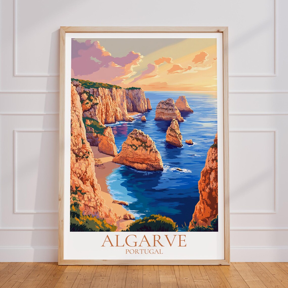 Algarve Portugal Golden Cliffs Poster Sunset Beach Vintage Travel Art
