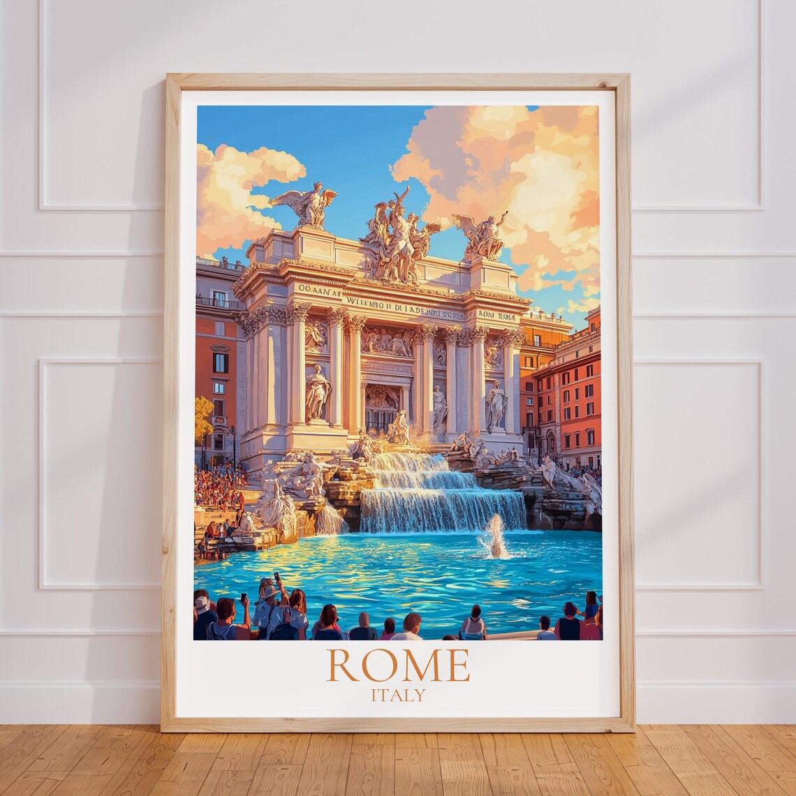 Rome Italy Trevi Fountain Sunlit Evening Crowd Travel Poster