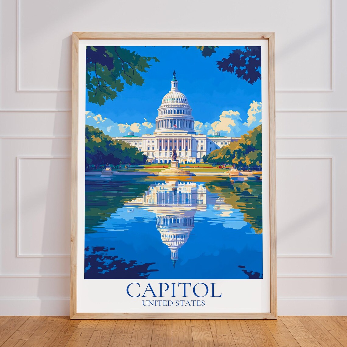 US Capitol Washington DC Green Trees Summer Reflection Vintage Poster