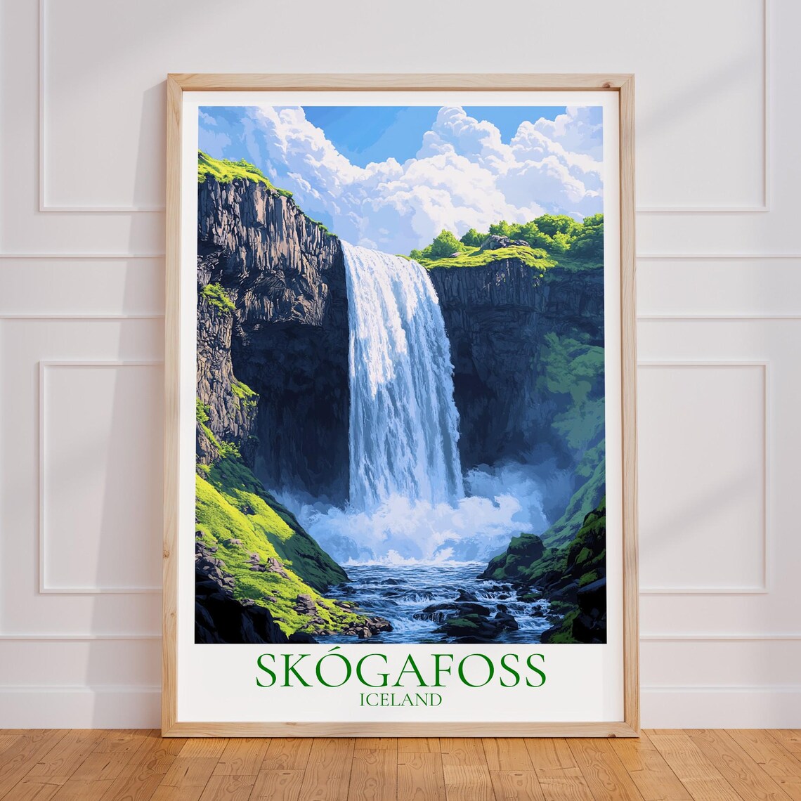 Skogafoss Iceland Waterfall Mossy Cliffs Vintage Travel Poster
