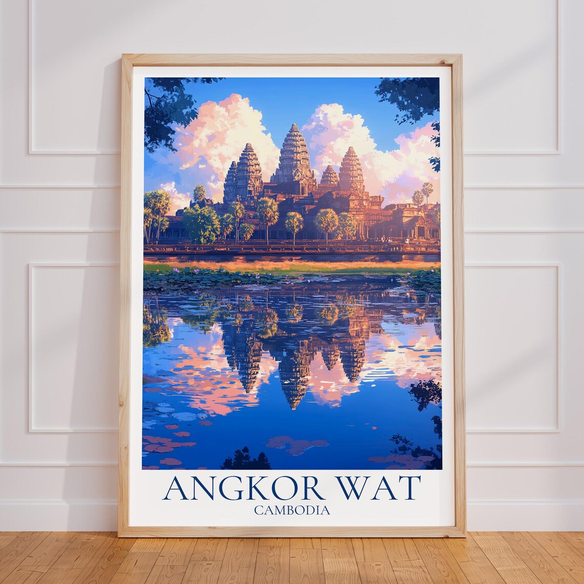 Angkor Wat Cambodia Temple Sunrise Reflection Lake Travel Poster