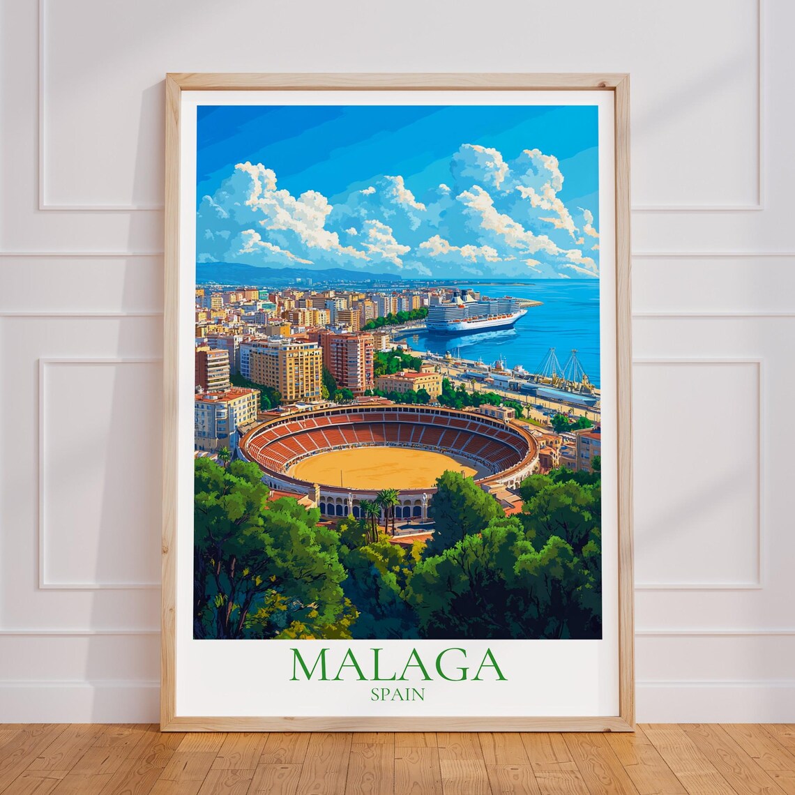 Malaga Spain Bullring Harbour Aerial View Vintage Travel Poster
