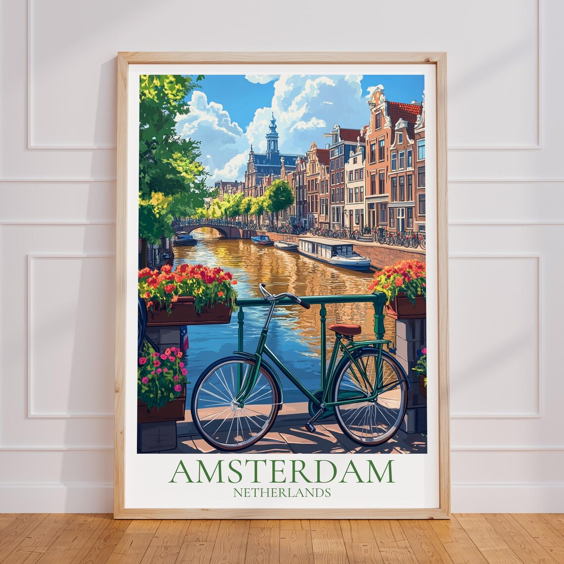 Amsterdam Vintage Travel Poster, Canal Wall Art Print