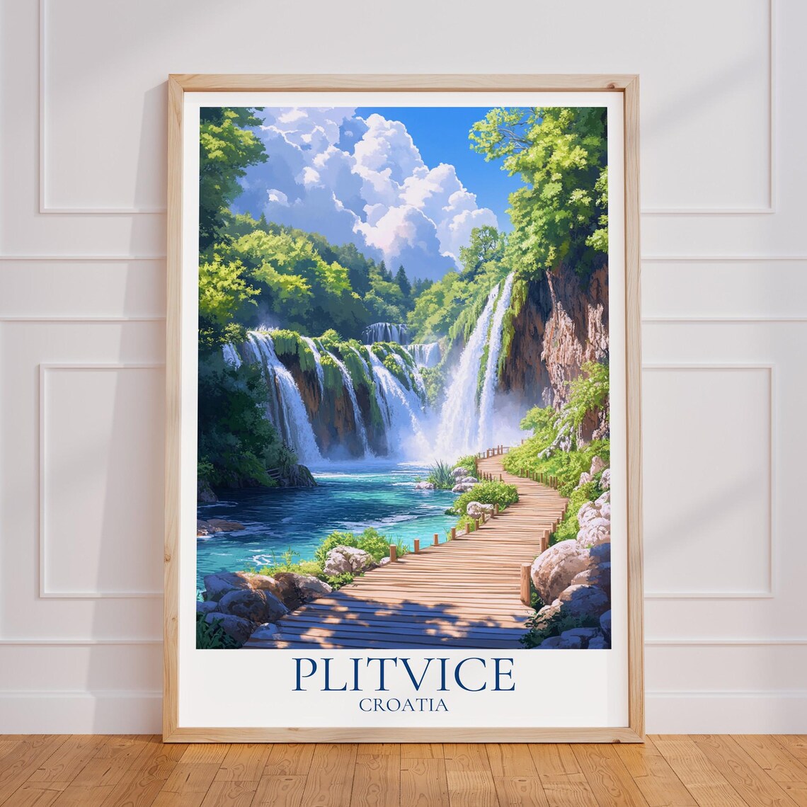 Plitvice Croatia Waterfalls and Boardwalk Vintage Travel Poster