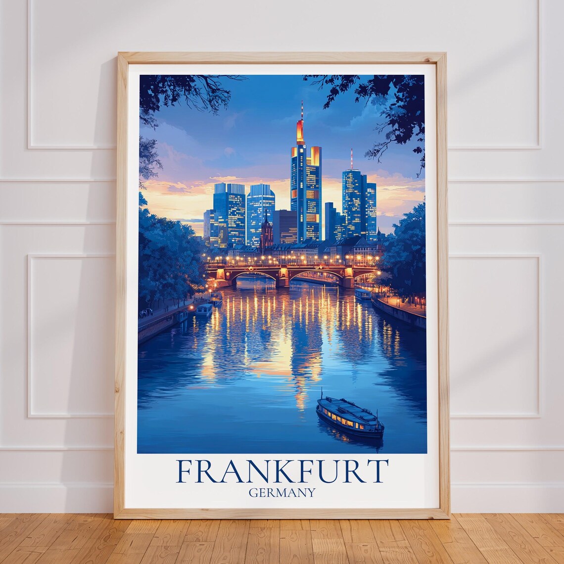 Frankfurt Germany Modern City Skyline at Night Main River Poster