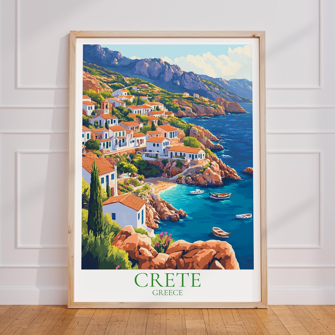 Crete Greece Coastal Village Illustrated Travel Poster Harbor