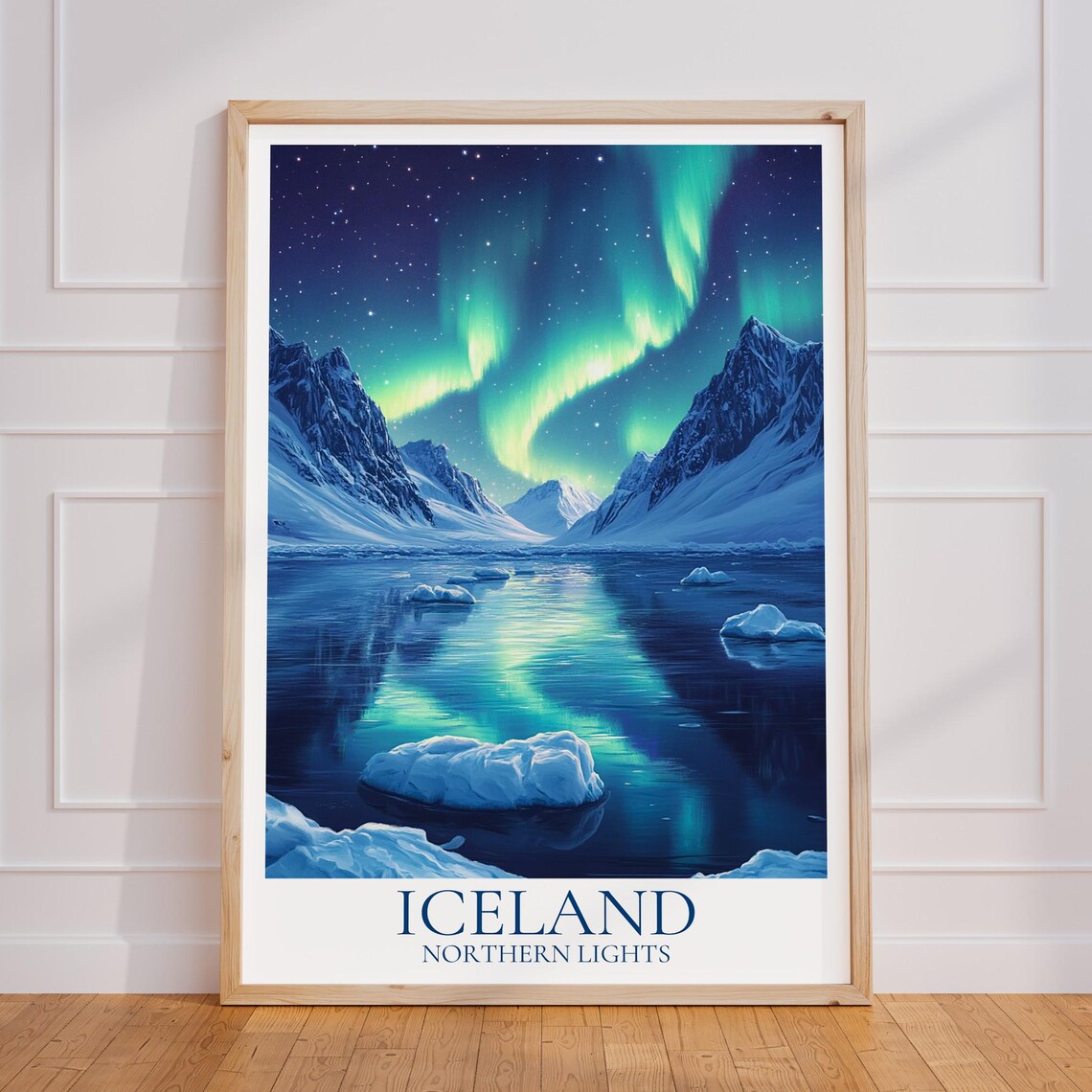 Iceland Northern Lights Aurora Ice Lagoon Night Travel Poster