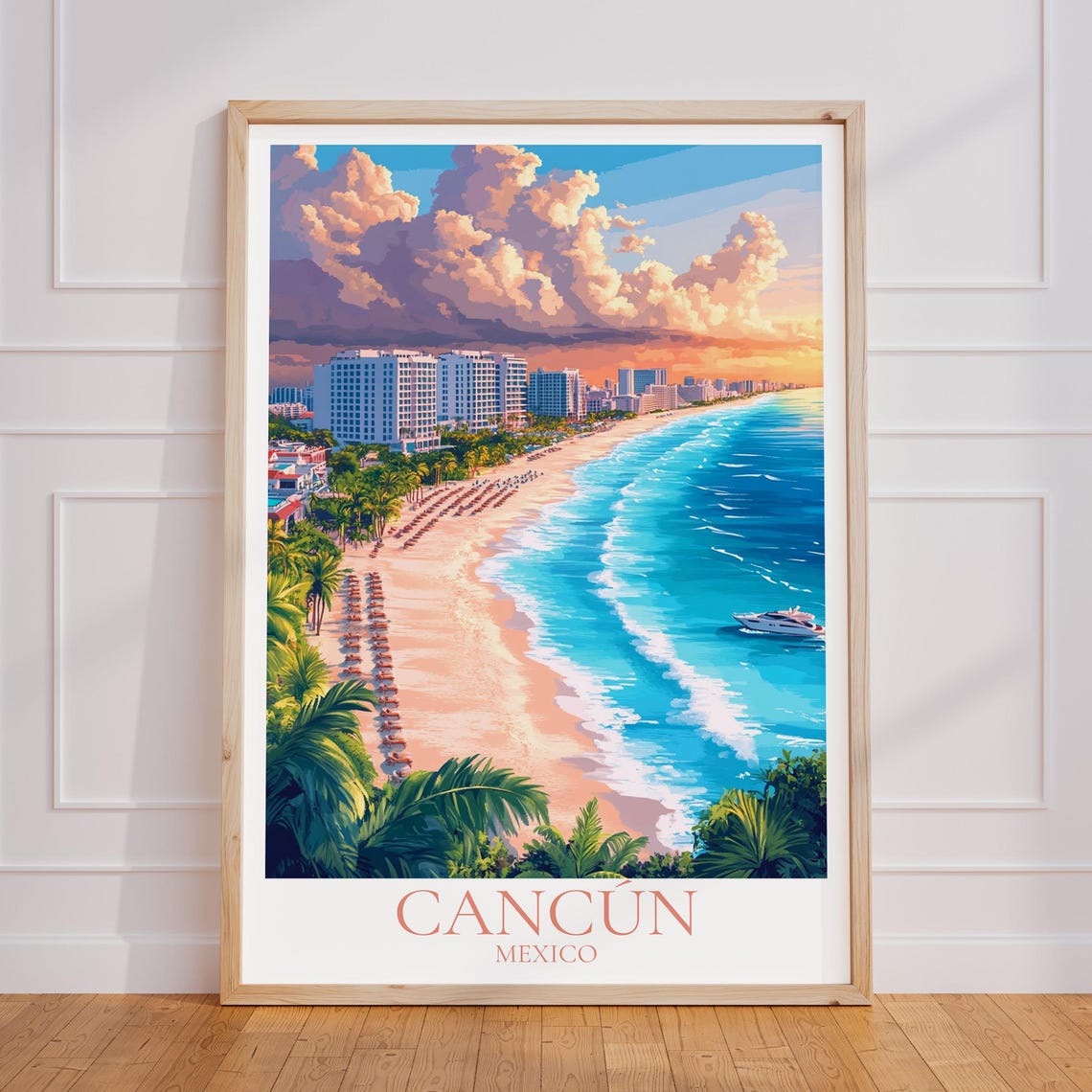 Cancun Mexico Sunset Beachfront Resorts and Palm Beach Poster