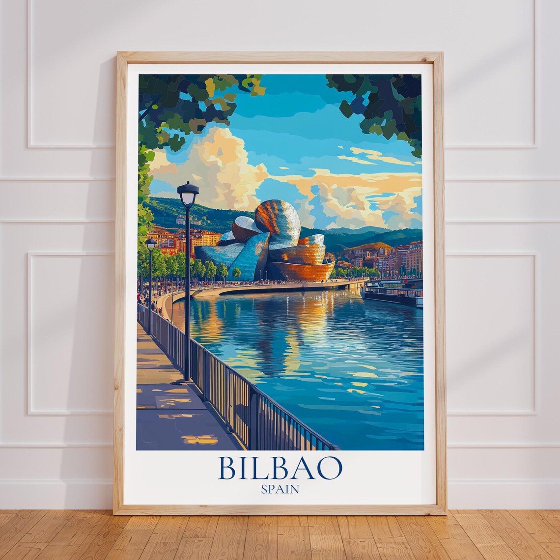 Bilbao Spain Guggenheim Museum Riverside Sunset Travel Poster