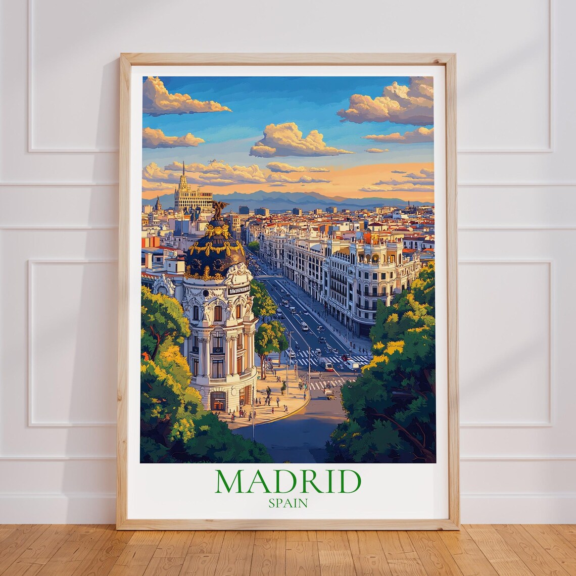Madrid Spain Gran Via Boulevard at Sunset Vintage Travel Poster