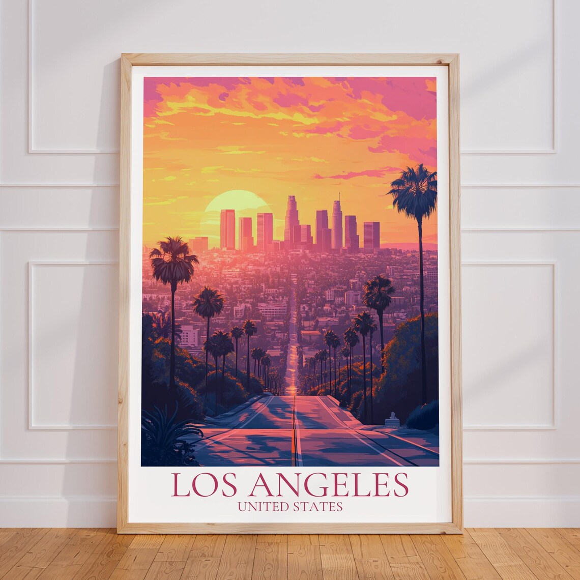 Los Angeles Sunset Skyline Palm Trees California Travel Poster