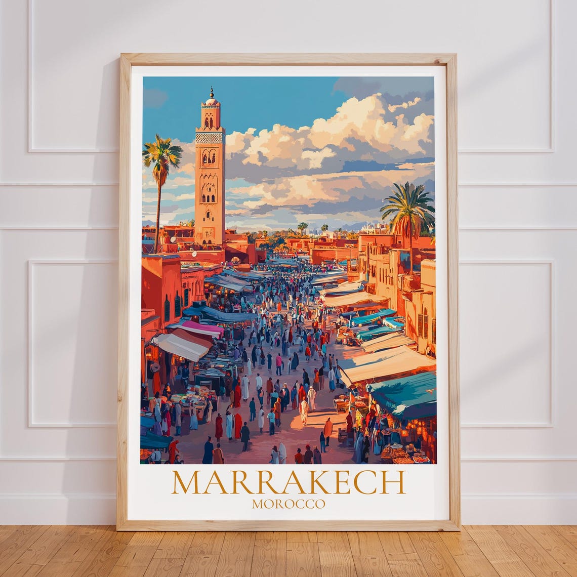 Marrakech Morocco Bustling Souk Market Minaret Travel Poster