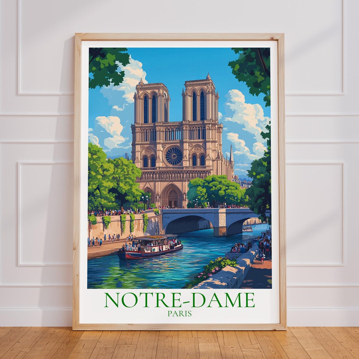 Notre-Dame Paris Cathedral Seine River Bridge Summer Travel Poster
