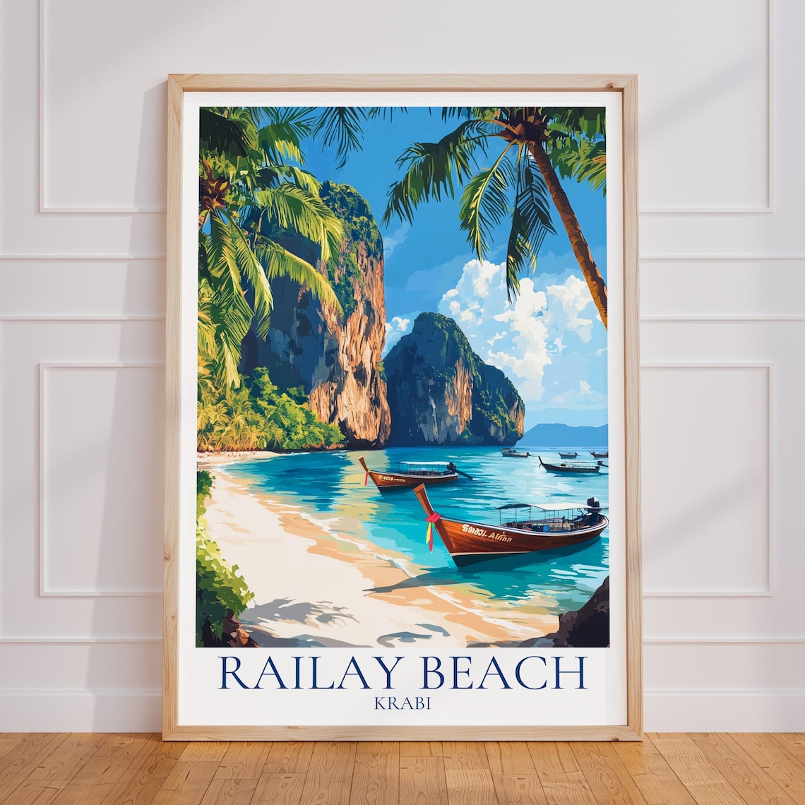 Railay Beach Krabi Thailand Longtail Boats Cliffs Travel Poster