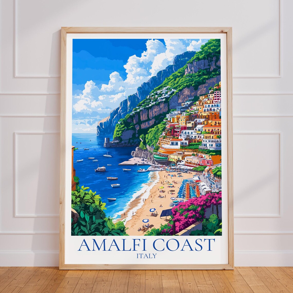 Amalfi Coast Italy Cliff Village Beach Boats Vintage Travel Poster