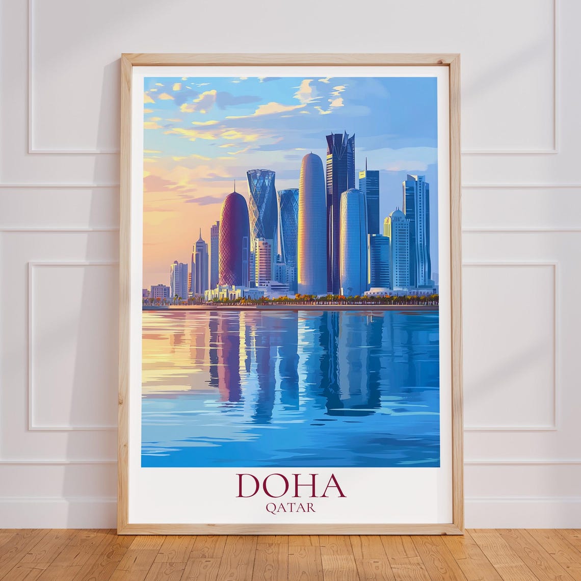 Doha Qatar Skyline Dusk Waterfront Reflection Bay Travel Poster