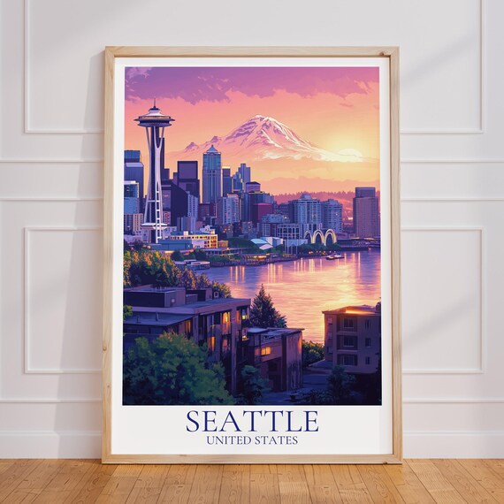 Seattle Sunset Skyline Mount Rainier Dusk Harbor City Poster