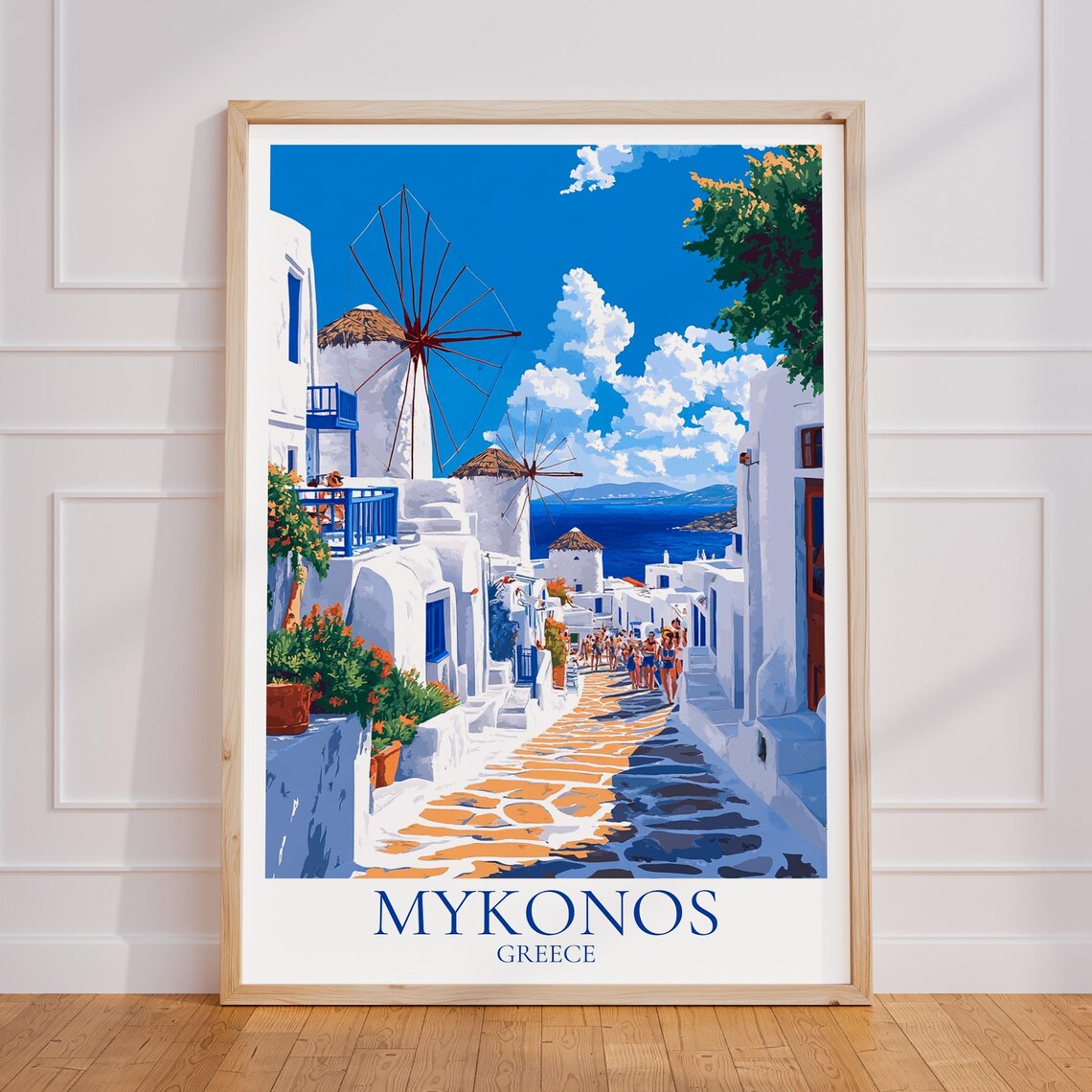 Mykonos Greece Whitewashed Street Windmills Seaside Travel Poster
