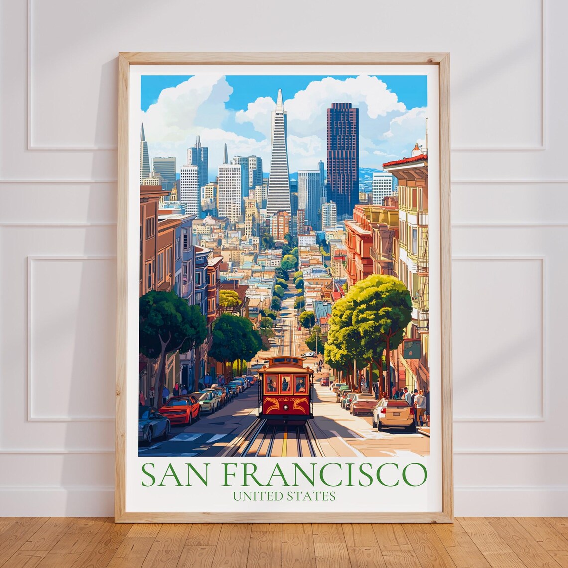 San Francisco Cable Car Downtown Skyline Street Vintage Travel Poster