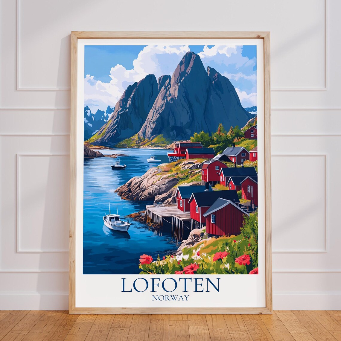 Lofoten Norway Red Fishing Cabins Fjord Mountains Travel Poster