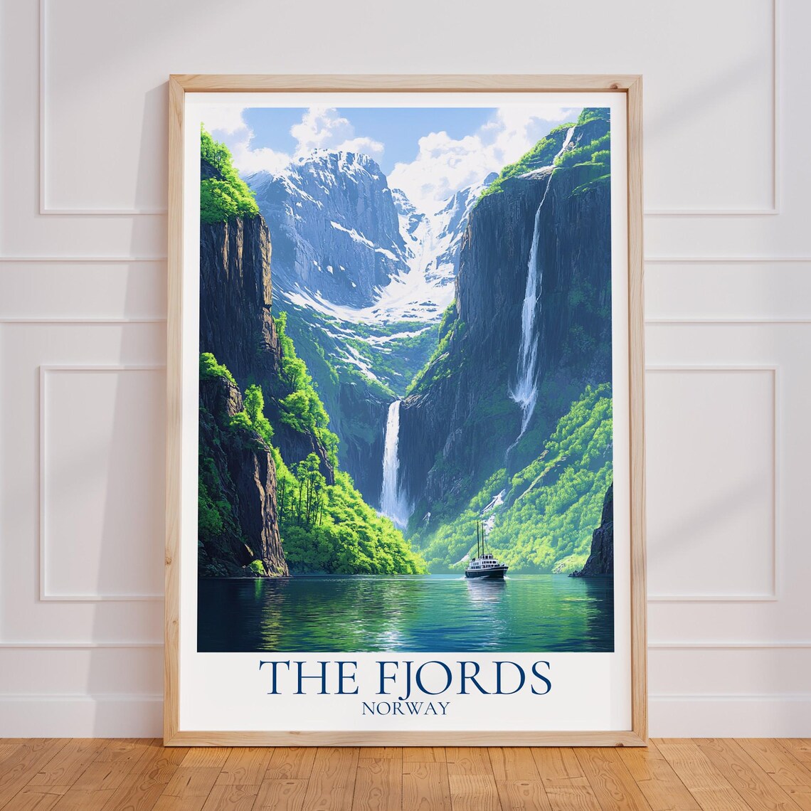 Norway Fjords Twin Waterfalls Cruise Ship Mountain Travel Poster