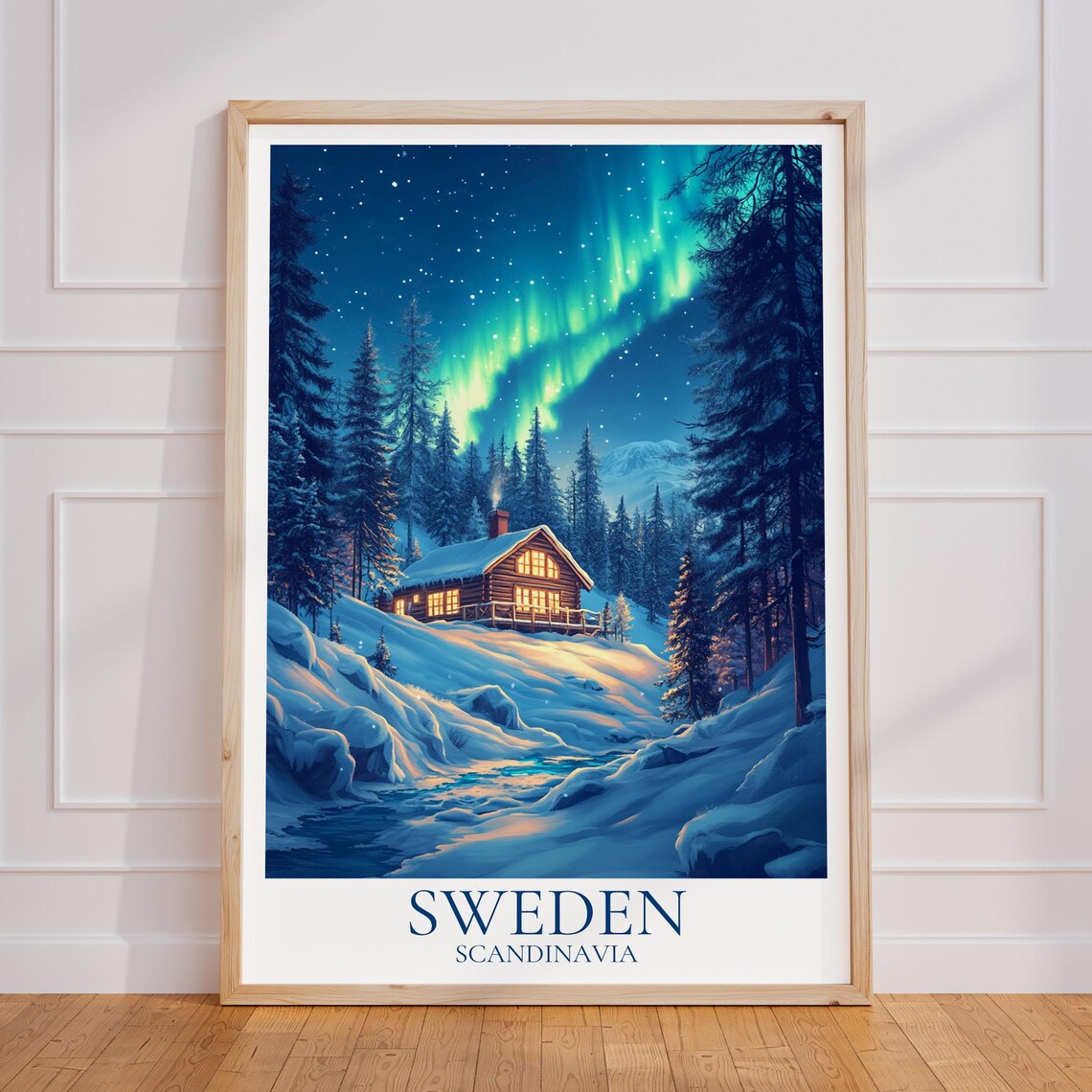 Sweden Scandinavia Northern Lights Cabin Night Sky Travel Poster