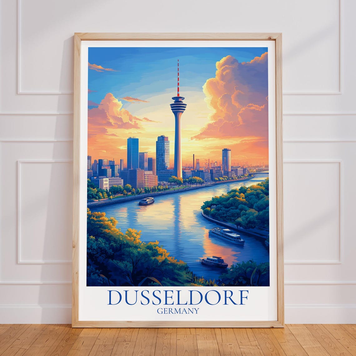 Dusseldorf Germany Rhine Tower River Sunset Skyline Travel Poster