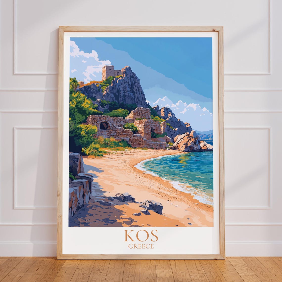 Kos Greece Castle Ruins Sandy Beach Aegean Island Travel Poster