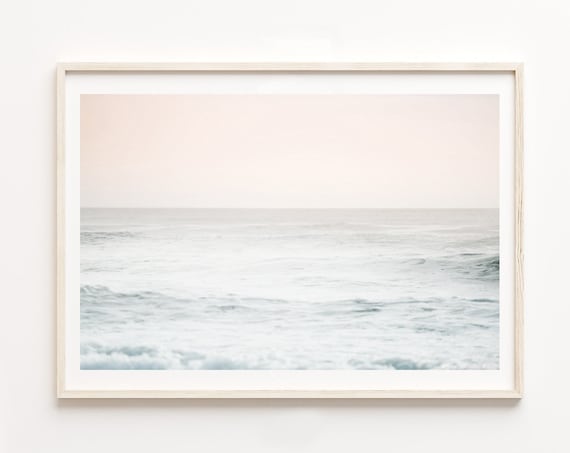 Calm Minimalist Pale Ocean Horizon Under a Soft Blush Sky Poster