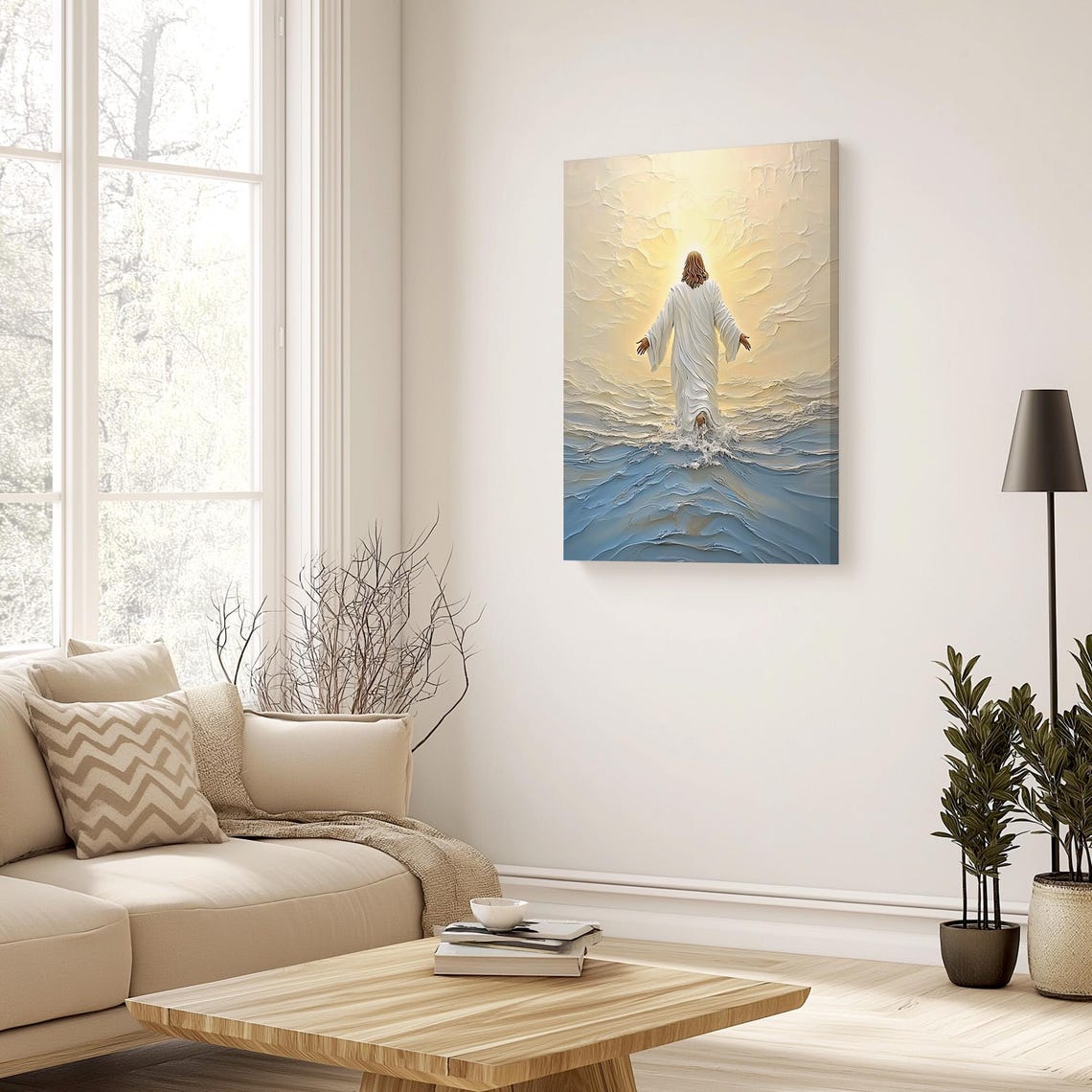 Jesus Christ Walking On Water At Sunrise Reflection Painting Poster - Image 3