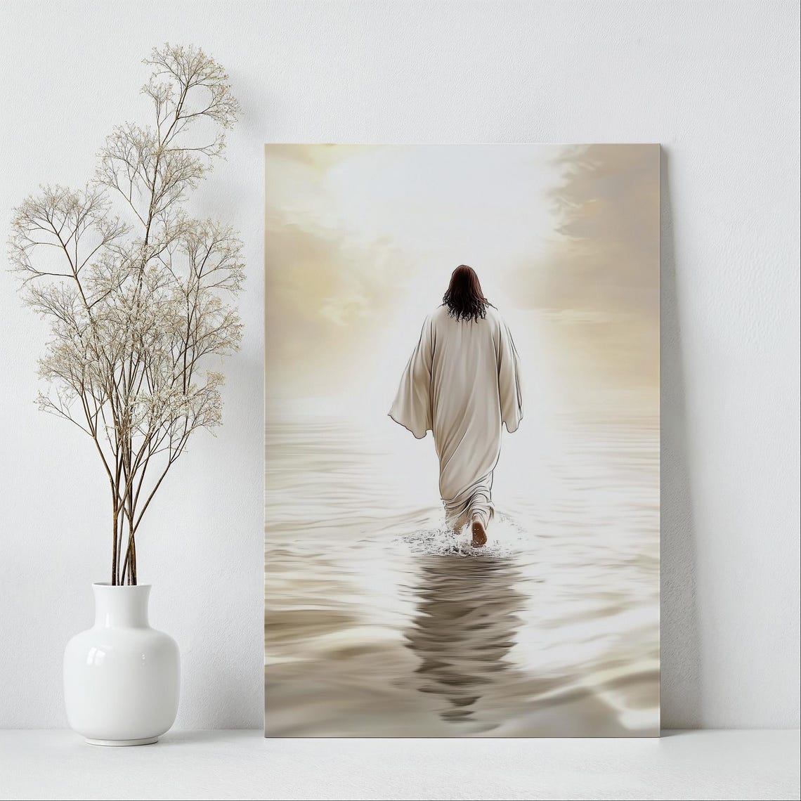 Jesus Walking On Calm Water Into Soft Heavenly White Light Poster - Image 6