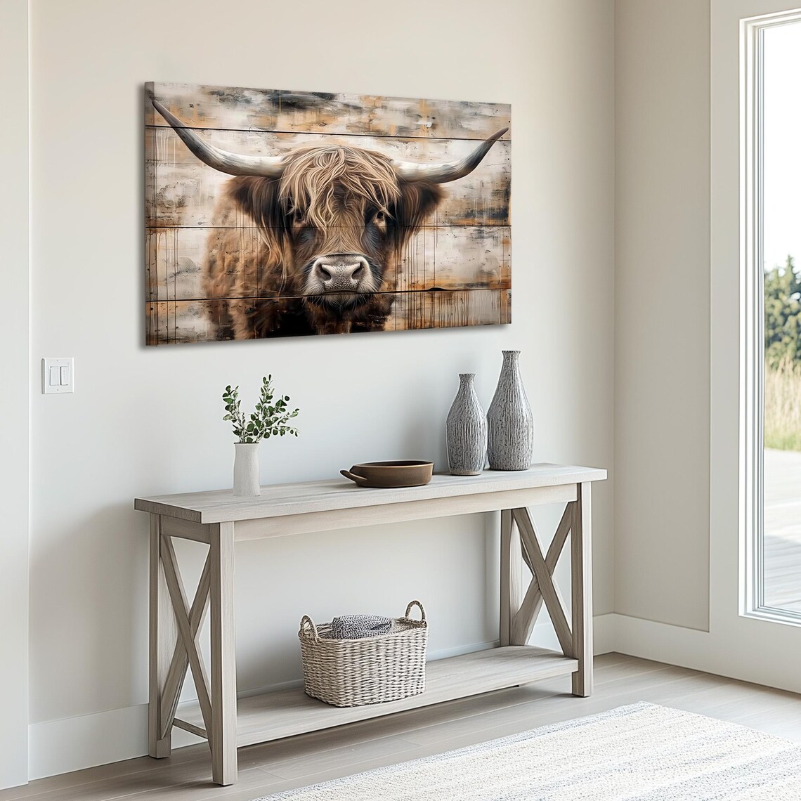 Highland Cow Portrait On Weathered Wood Planks Farmhouse Poster - Image 4
