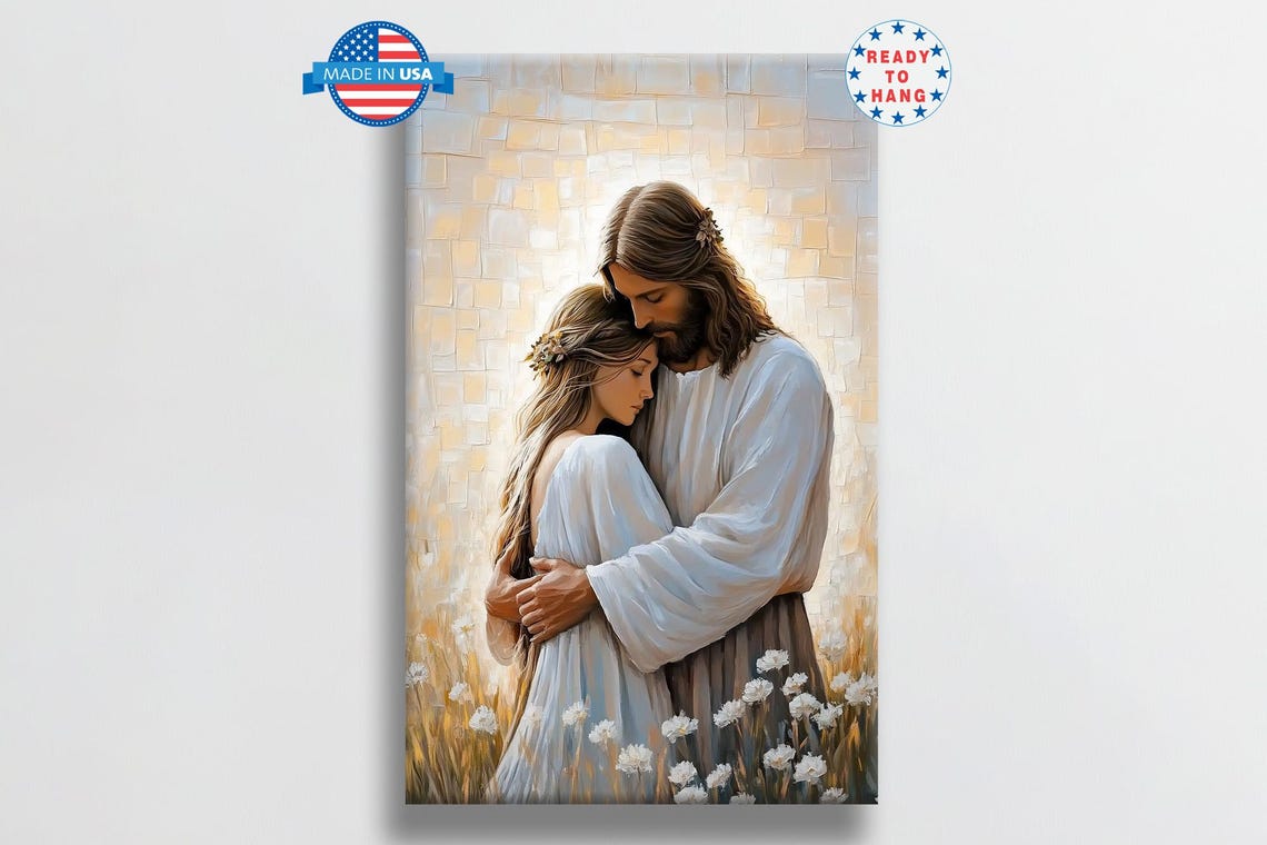 Jesus Embracing Young Woman In Golden Mosaic Wheat Field Poster