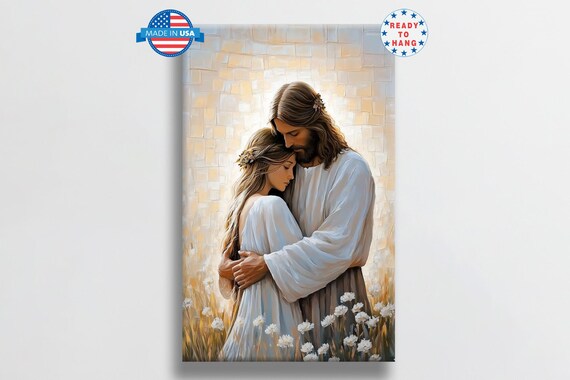 Jesus Embracing Young Woman In Golden Mosaic Wheat Field Poster
