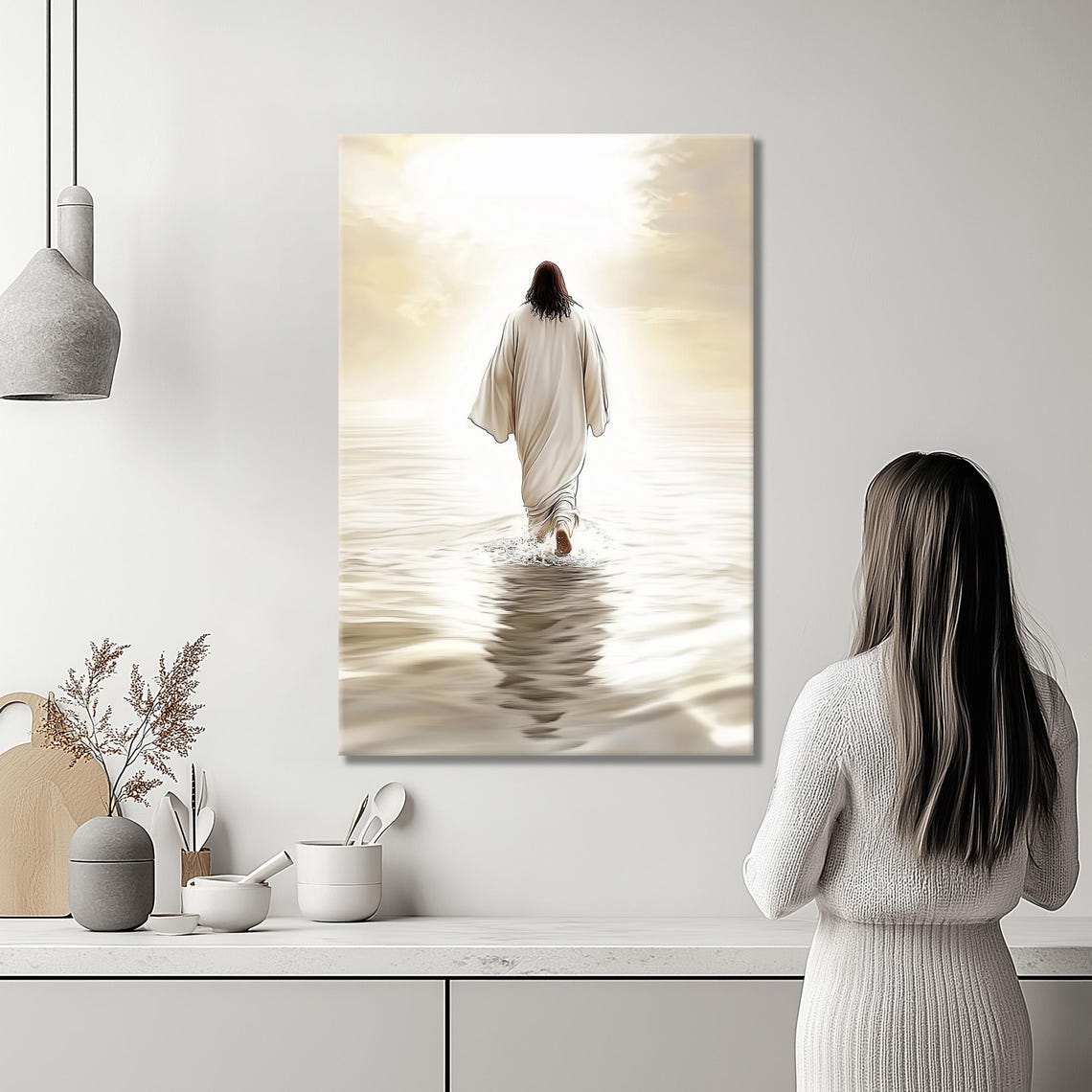 Jesus Walking On Calm Water Into Soft Heavenly White Light Poster - Image 2
